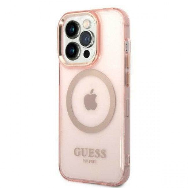 Guess iPhone 14 Pro Gold Outline Translucent MagSafe Σκληρή Θήκη με Πλαίσιο Σιλικόνης και MagSafe - Pink - GUHMP14LHTCMP