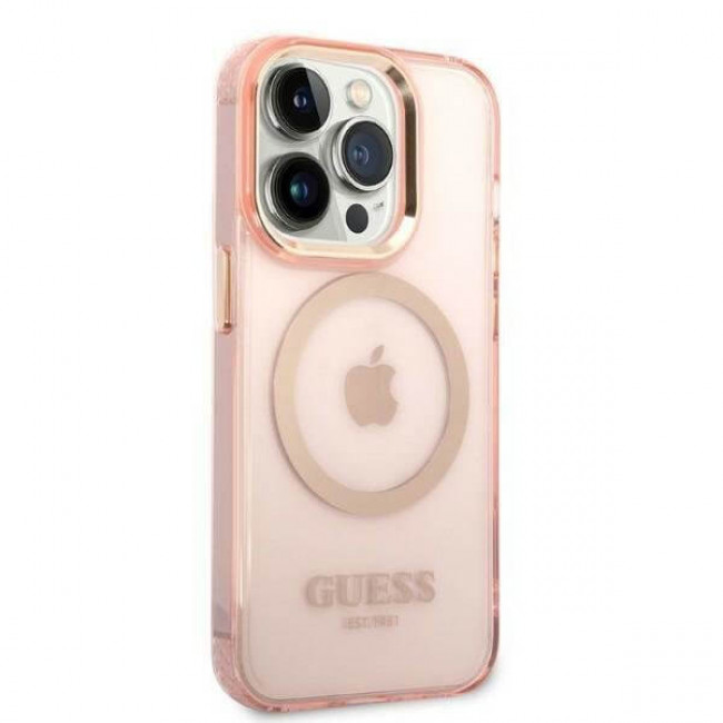 Guess iPhone 14 Pro Gold Outline Translucent MagSafe Σκληρή Θήκη με Πλαίσιο Σιλικόνης και MagSafe - Pink - GUHMP14LHTCMP