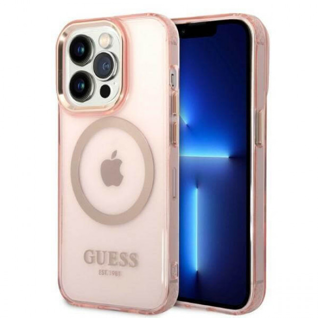 Guess iPhone 14 Pro Gold Outline Translucent MagSafe Σκληρή Θήκη με Πλαίσιο Σιλικόνης και MagSafe - Pink - GUHMP14LHTCMP