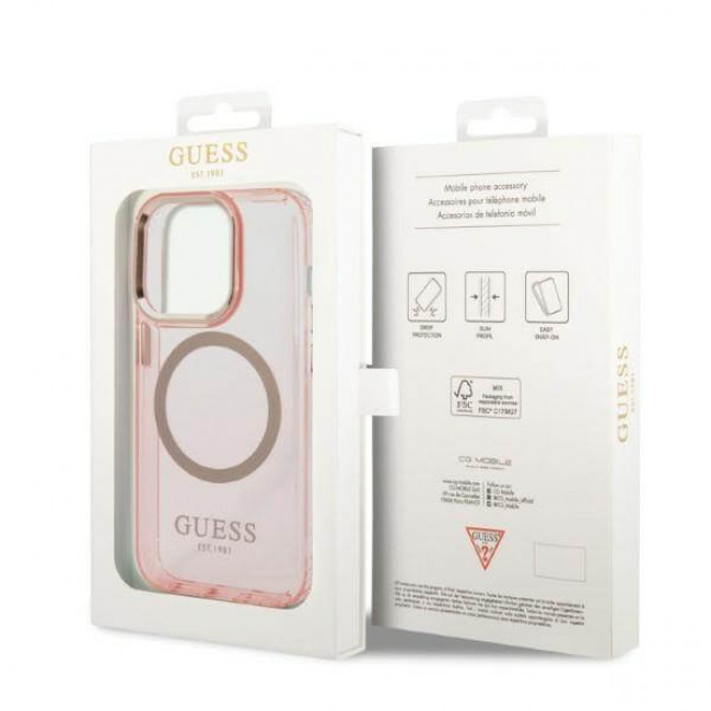 Guess iPhone 14 Pro Gold Outline Translucent MagSafe Σκληρή Θήκη με Πλαίσιο Σιλικόνης και MagSafe - Pink - GUHMP14LHTCMP