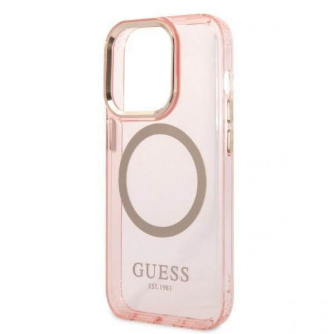 Guess iPhone 14 Pro Gold Outline Translucent MagSafe Σκληρή Θήκη με Πλαίσιο Σιλικόνης και MagSafe - Pink - GUHMP14LHTCMP