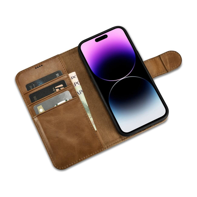 iCarer iPhone 14 Pro Anti-RFID 2in1 Oil Wax Θήκη Πορτοφόλι Stand από Γνήσιο Δέρμα - Brown