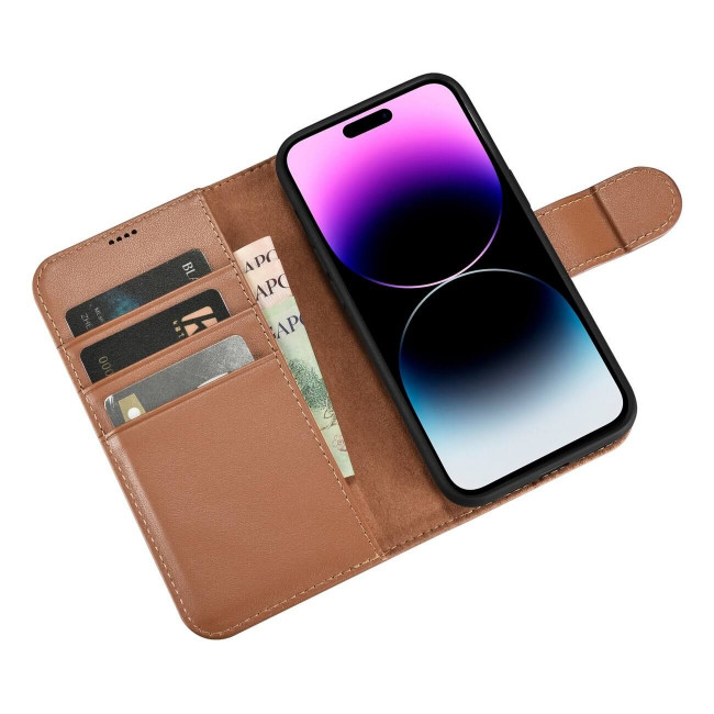 iCarer iPhone 14 Pro Anti-RFID 2in1 Θήκη Πορτοφόλι Stand από Γνήσιο Δέρμα - Brown