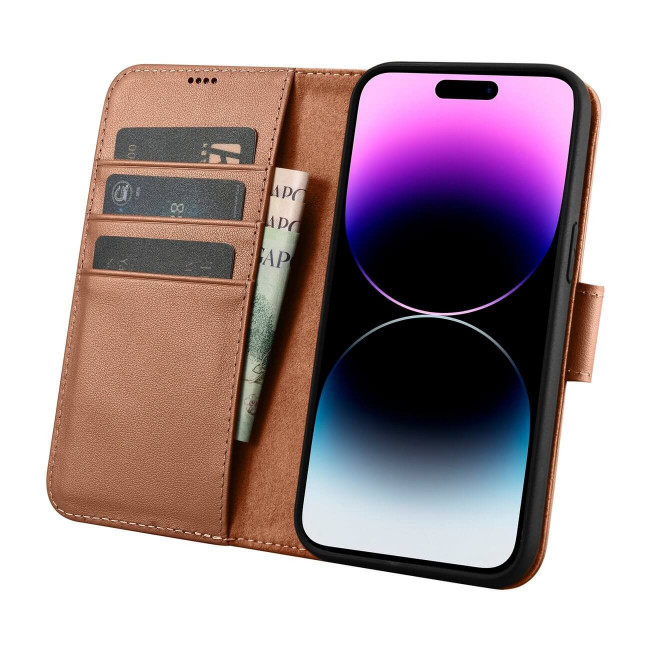 iCarer iPhone 14 Pro Anti-RFID 2in1 Θήκη Πορτοφόλι Stand από Γνήσιο Δέρμα - Brown