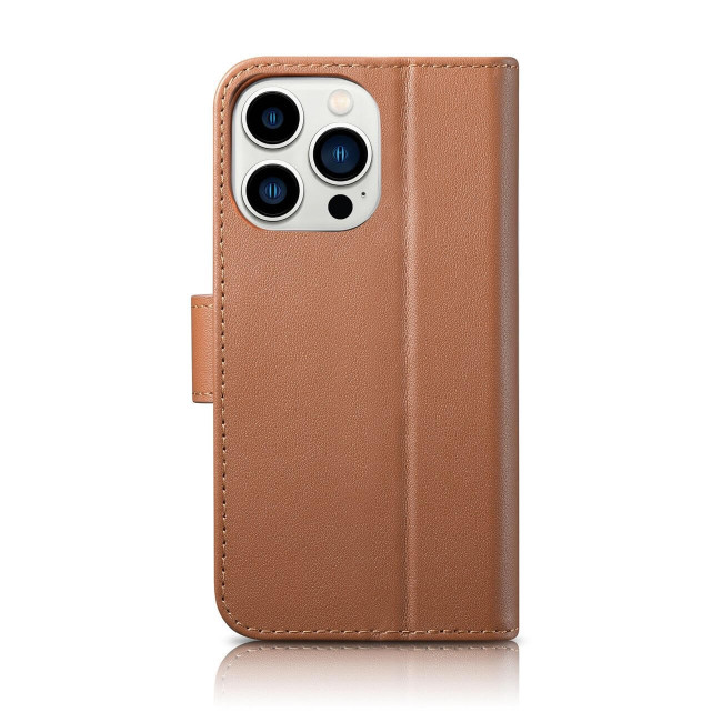 iCarer iPhone 14 Pro Anti-RFID 2in1 Θήκη Πορτοφόλι Stand από Γνήσιο Δέρμα - Brown