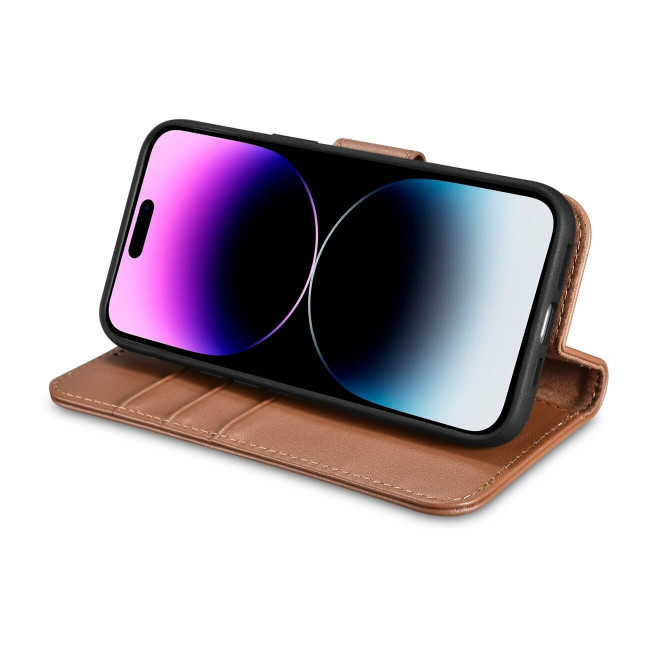 iCarer iPhone 14 Pro Anti-RFID 2in1 Θήκη Πορτοφόλι Stand από Γνήσιο Δέρμα - Brown