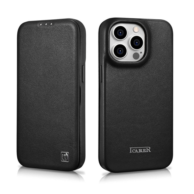 iCarer iPhone 14 Pro CE Premium Leather Folio Θήκη Βιβλίο από Γνήσιο Δέρμα με MagSafe - Black