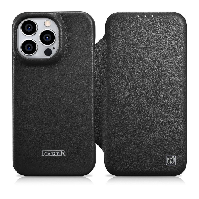 iCarer iPhone 14 Pro CE Premium Leather Folio Θήκη Βιβλίο από Γνήσιο Δέρμα με MagSafe - Black