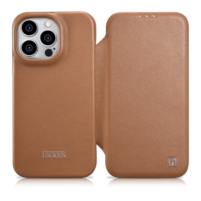 iCarer iPhone 14 Pro CE Premium Leather Folio Θήκη Βιβλίο από Γνήσιο Δέρμα με MagSafe - Brown