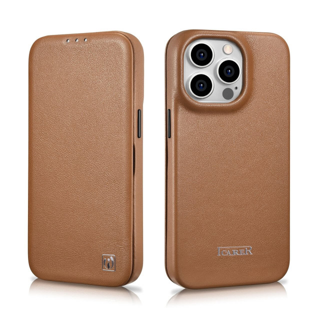 iCarer iPhone 14 Pro CE Premium Leather Folio Θήκη Βιβλίο από Γνήσιο Δέρμα με MagSafe - Brown