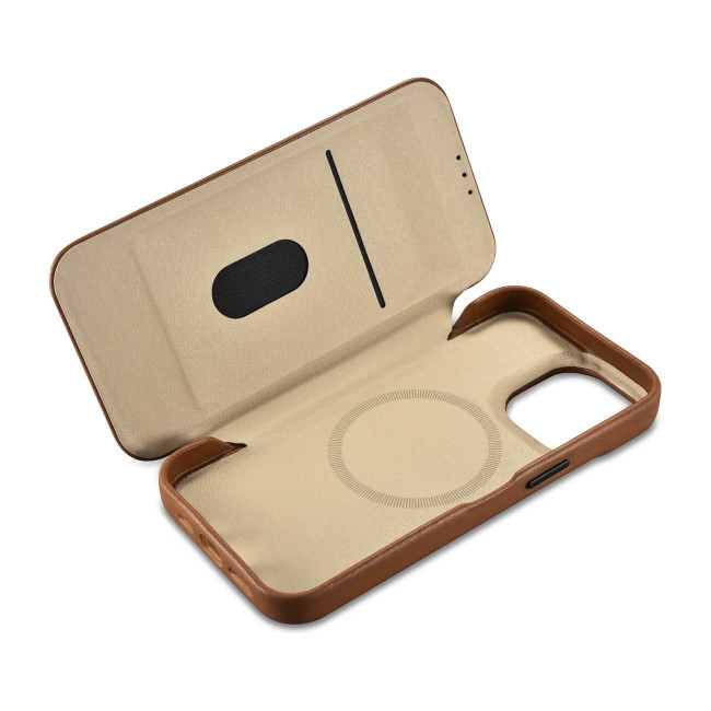 iCarer iPhone 14 Pro CE Premium Leather Folio Θήκη Βιβλίο από Γνήσιο Δέρμα με MagSafe - Brown