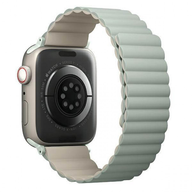 UNIQ Λουράκι Apple Watch 2 / 3 / 4 / 5 / 6 / 7 / 8 / 9 / SE / ULTRA / ULTRA 2 - 42 / 44 / 45 / 49 mm Revix Μαγνητικό Σιλικόνης Διπλής Όψης - Sage / Beige