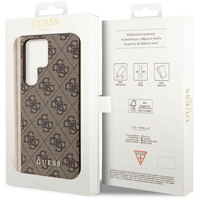 Guess Samsung Galaxy S23 Ultra - 4G Metal Gold Logo Σκληρή Θήκη με Επένδυση Συνθετικού Δέρματος - Brown - GUHCS23LG4GFBR