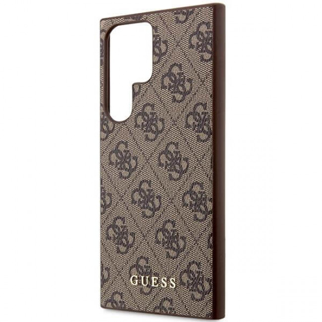 Guess Samsung Galaxy S23 Ultra - 4G Metal Gold Logo Σκληρή Θήκη με Επένδυση Συνθετικού Δέρματος - Brown - GUHCS23LG4GFBR