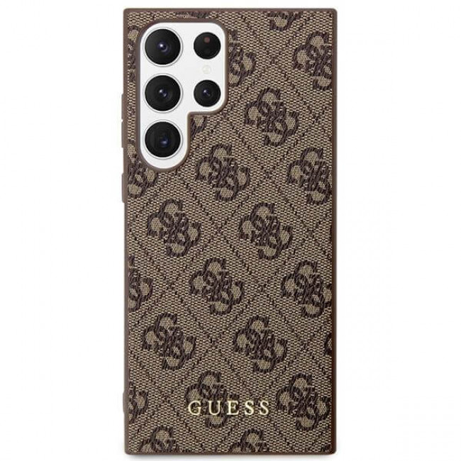 Guess Samsung Galaxy S23 Ultra - 4G Metal Gold Logo Σκληρή Θήκη με Επένδυση Συνθετικού Δέρματος - Brown - GUHCS23LG4GFBR