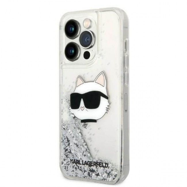 Karl Lagerfeld iPhone 14 Pro Max - Liquid Glitter Choupette's Head Σκληρή Θήκη με Πλαίσιο Σιλικόνης - Silver - KLHCP14XLNHCS