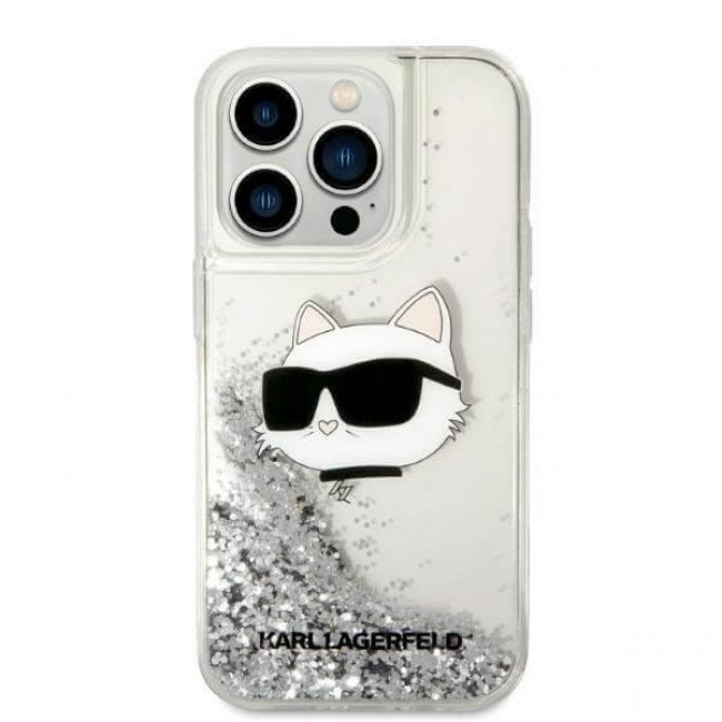 Karl Lagerfeld iPhone 14 Pro Max - Liquid Glitter Choupette's Head Σκληρή Θήκη με Πλαίσιο Σιλικόνης - Silver - KLHCP14XLNHCS