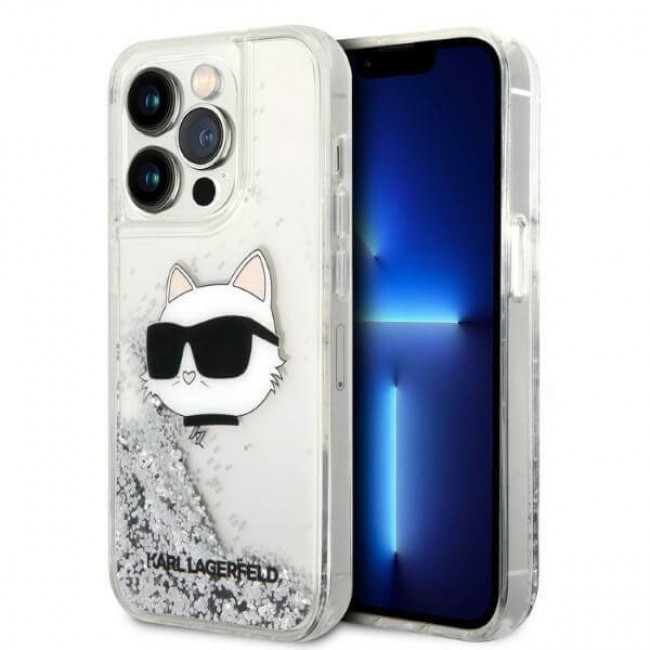 Karl Lagerfeld iPhone 14 Pro Max - Liquid Glitter Choupette's Head Σκληρή Θήκη με Πλαίσιο Σιλικόνης - Silver - KLHCP14XLNHCS