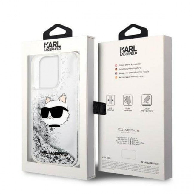 Karl Lagerfeld iPhone 14 Pro Max - Liquid Glitter Choupette's Head Σκληρή Θήκη με Πλαίσιο Σιλικόνης - Silver - KLHCP14XLNHCS