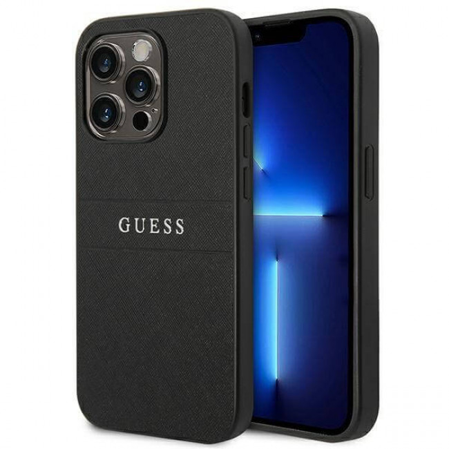 Guess iPhone 14 Pro Saffiano Stripe Σκληρή Θήκη με Πλαίσιο Σιλικόνης - Black - GUHCP14LPSASBK