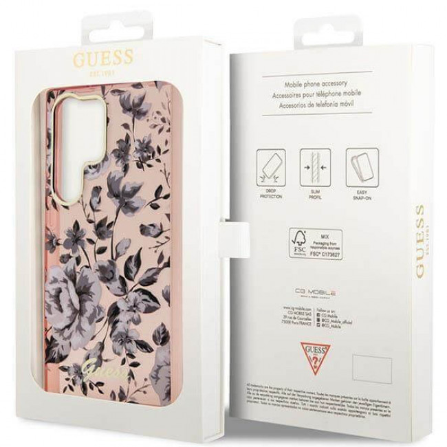 Guess Samsung Galaxy S23 Ultra - Flower Collection Σκληρή Θήκη με Πλαίσιο Σιλικόνης - Pink - GUHCS23LHCFWSP