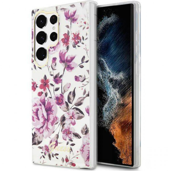 Guess Samsung Galaxy S23 Ultra - Flower Collection Σκληρή Θήκη με Πλαίσιο Σιλικόνης - White - GUHCS23LHCFWST