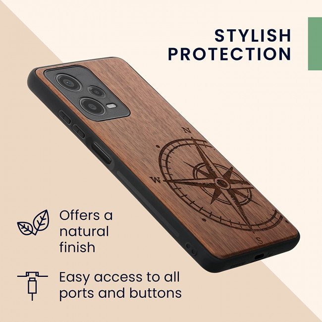 KW Xiaomi Redmi Note 12 Pro Θήκη από Φυσικό Ξύλο - Design Navigational Compass - Dark Brown - 60693.01