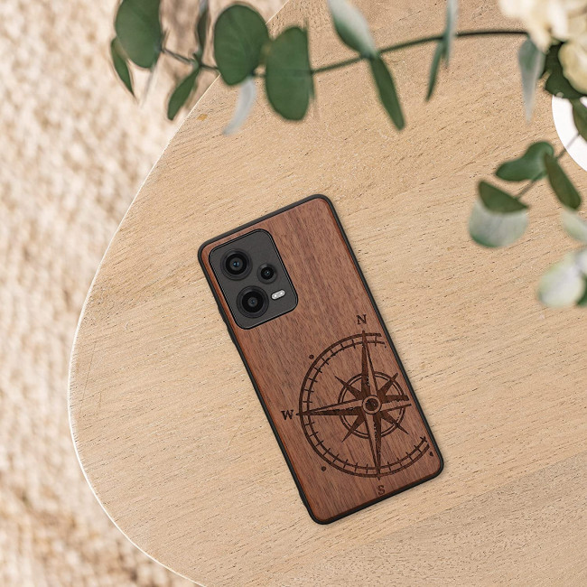 KW Xiaomi Redmi Note 12 Pro Θήκη από Φυσικό Ξύλο - Design Navigational Compass - Dark Brown - 60693.01