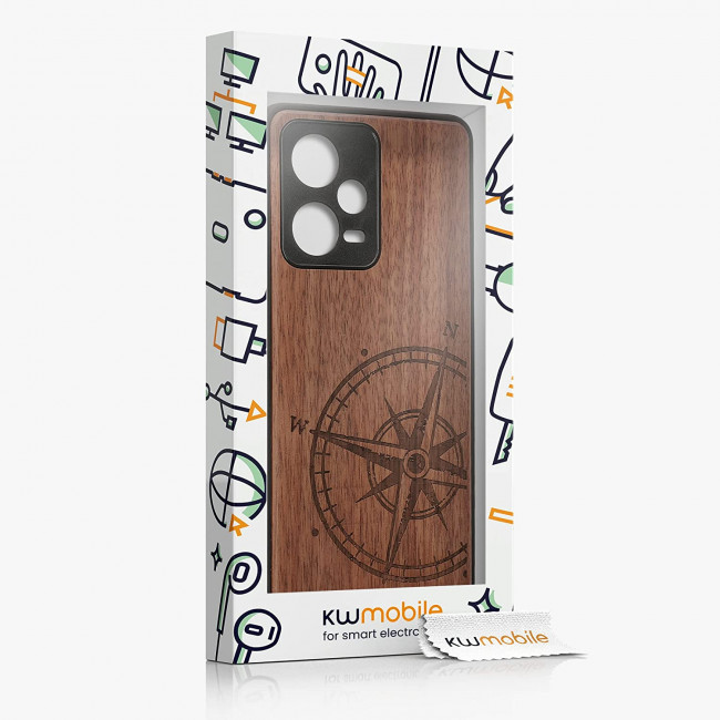 KW Xiaomi Redmi Note 12 Pro Θήκη από Φυσικό Ξύλο - Design Navigational Compass - Dark Brown - 60693.01