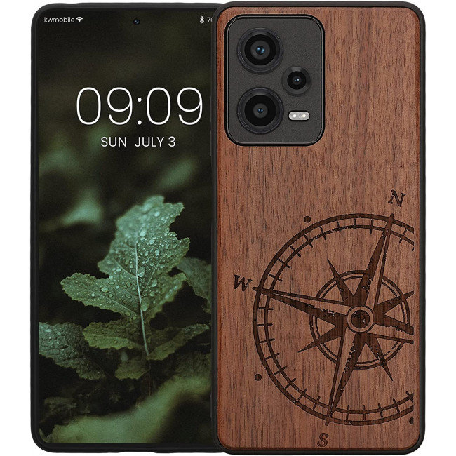 KW Xiaomi Redmi Note 12 Pro Θήκη από Φυσικό Ξύλο - Design Navigational Compass - Dark Brown - 60693.01