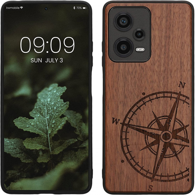 KW Xiaomi Redmi Note 12 Pro Θήκη από Φυσικό Ξύλο - Design Navigational Compass - Dark Brown - 60693.01