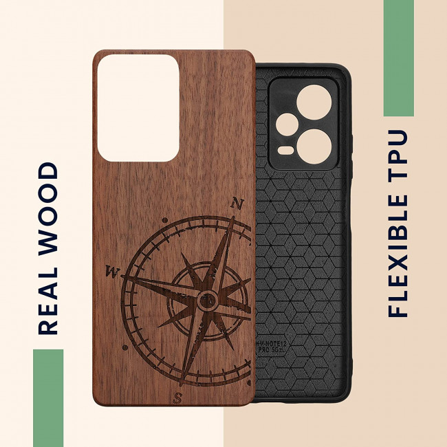 KW Xiaomi Redmi Note 12 Pro Θήκη από Φυσικό Ξύλο - Design Navigational Compass - Dark Brown - 60693.01