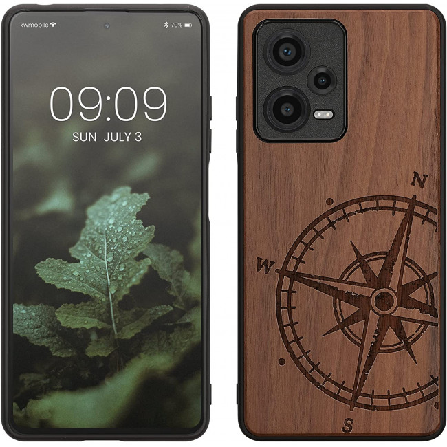 KW Xiaomi Redmi Note 12 Pro+ Θήκη από Φυσικό Ξύλο - Design Navigational Compass - Dark Brown - 60694.01