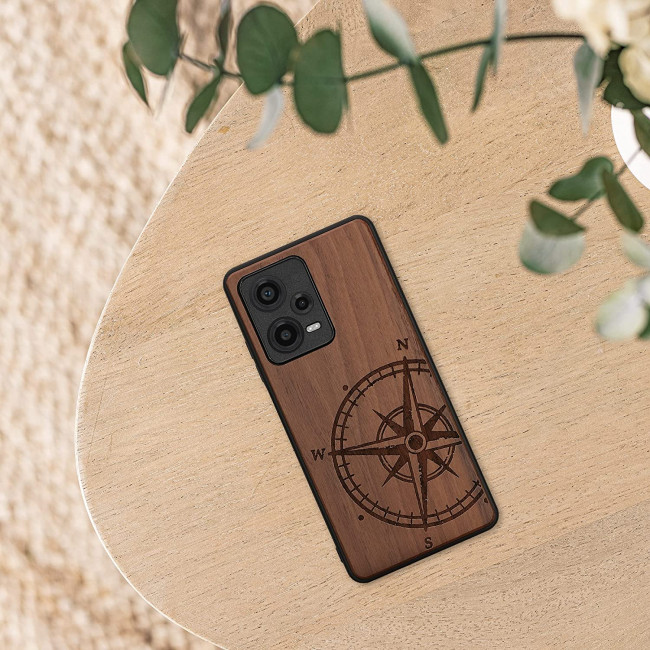 KW Xiaomi Redmi Note 12 Pro+ Θήκη από Φυσικό Ξύλο - Design Navigational Compass - Dark Brown - 60694.01