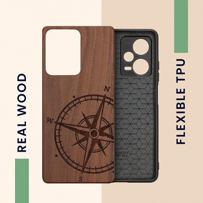 KW Xiaomi Redmi Note 12 Pro+ Θήκη από Φυσικό Ξύλο - Design Navigational Compass - Dark Brown - 60694.01