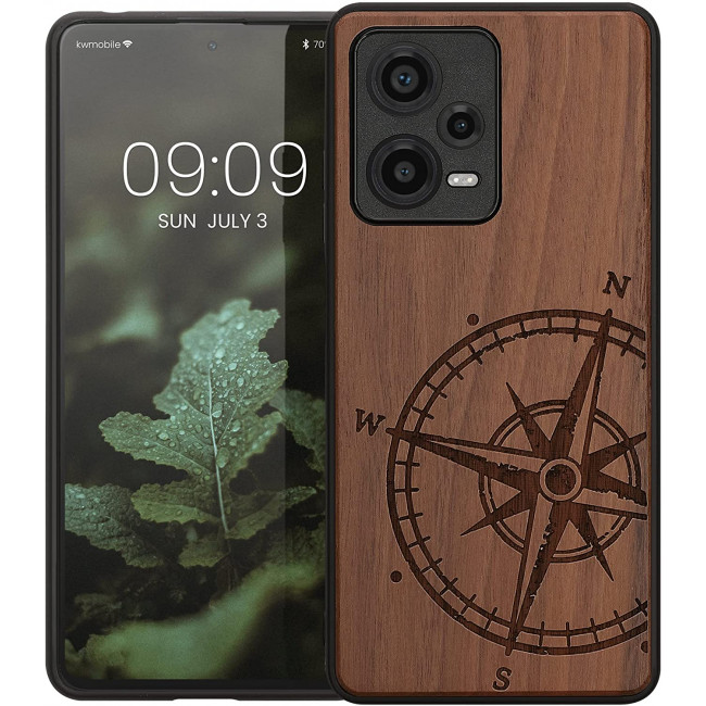 KW Xiaomi Redmi Note 12 Pro+ Θήκη από Φυσικό Ξύλο - Design Navigational Compass - Dark Brown - 60694.01