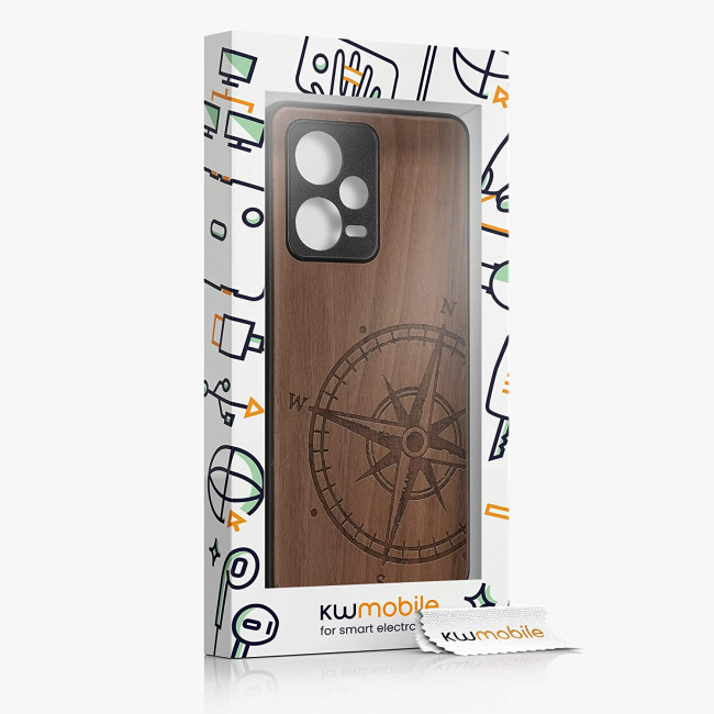 KW Xiaomi Redmi Note 12 Pro+ Θήκη από Φυσικό Ξύλο - Design Navigational Compass - Dark Brown - 60694.01