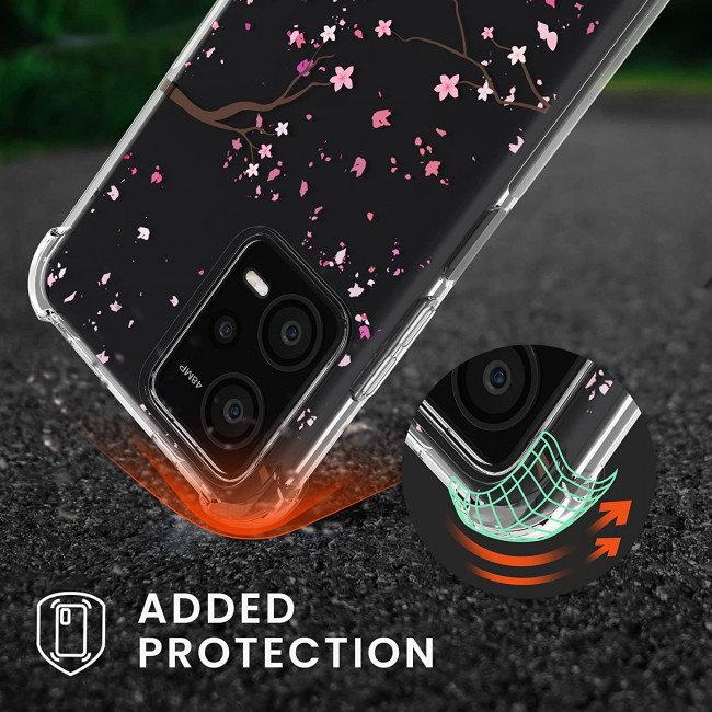 KW Xiaomi Redmi Note 12 5G / Xiaomi Poco X5 5G Θήκη Σιλικόνης TPU με Λουράκι Design Cherry Blossoms - Pink / Dark Brown / Διάφανη - 60892.01