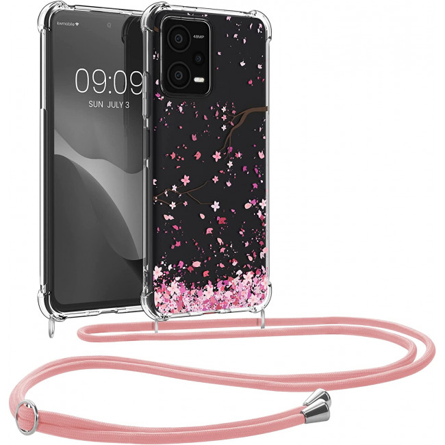 KW Xiaomi Redmi Note 12 5G / Xiaomi Poco X5 5G Θήκη Σιλικόνης TPU με Λουράκι Design Cherry Blossoms - Pink / Dark Brown / Διάφανη - 60892.01