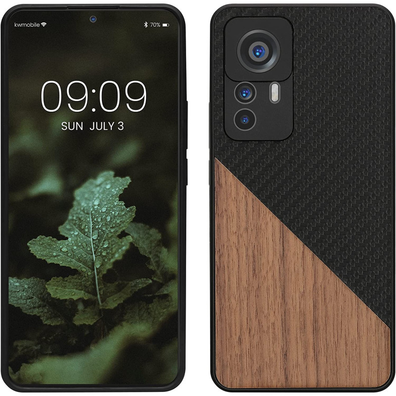 KW Xiaomi 12T / 12T Pro Θήκη από Φυσικό Ξύλο και Συνθετικό Δέρμα - Anthracite / Dark Brown - 60211.02