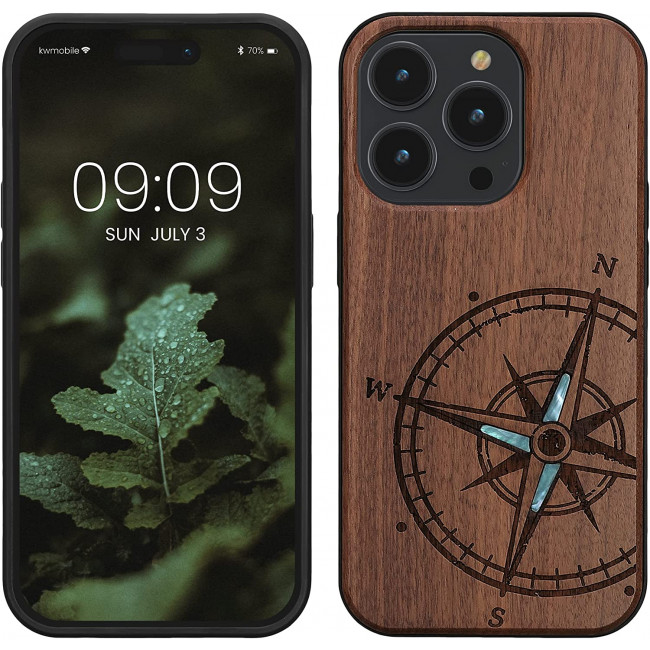 KW iPhone 14 Pro Θήκη από Φυσικό Ξύλο - Design Navigational Compass Mother of Pearl - Dark Brown - 59126.06