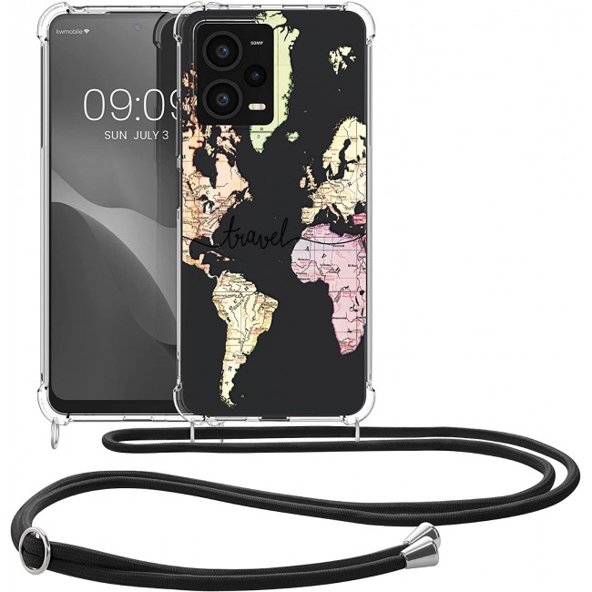 KW Xiaomi Redmi Note 12 Pro Θήκη Σιλικόνης TPU με Λουράκι - Design Travel - Black / Multicolor / Διάφανη - 60716.02