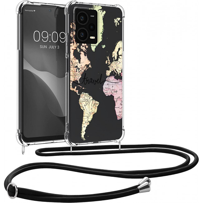 KW Xiaomi Redmi Note 12 Pro Θήκη Σιλικόνης TPU με Λουράκι - Design Travel - Black / Multicolor / Διάφανη - 60716.02