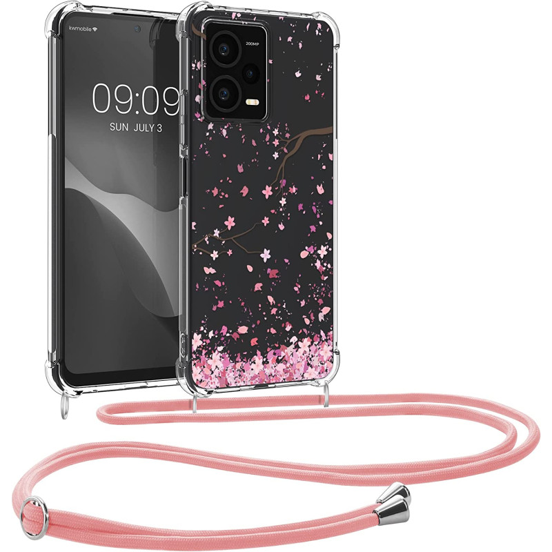 KW Xiaomi Redmi Note 12 Pro+ Θήκη Σιλικόνης TPU με Λουράκι - Design Cherry Blossoms - Pink / Dark Brown / Διάφανη - 60717.01