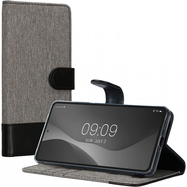 KW Xiaomi Redmi Note 12 Pro Θήκη Πορτοφόλι Stand Canvas - Grey / Black - 60736.22