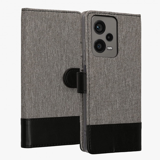 KW Xiaomi Redmi Note 12 Pro Θήκη Πορτοφόλι Stand Canvas - Grey / Black - 60736.22