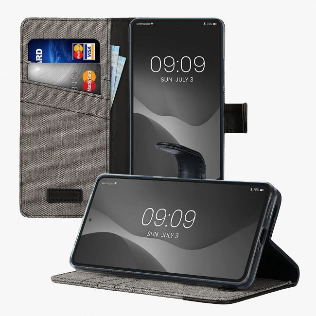 KW Xiaomi Redmi Note 12 Pro Θήκη Πορτοφόλι Stand Canvas - Grey / Black - 60736.22