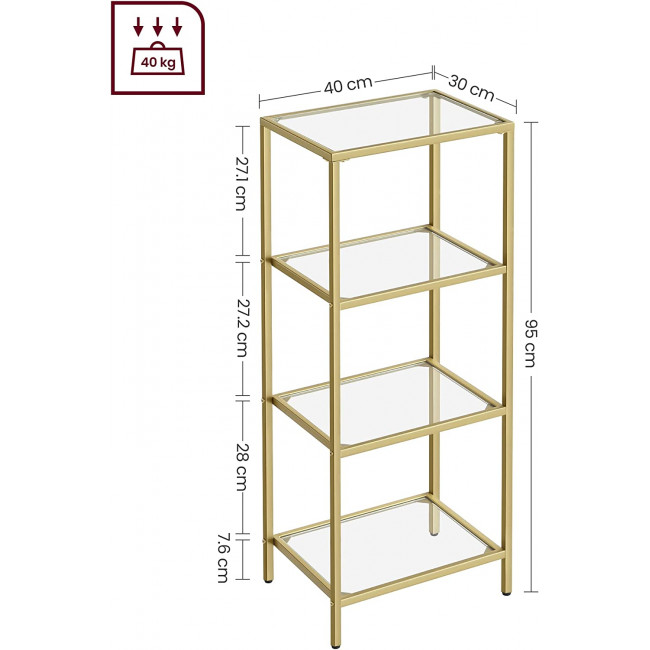 Vasagle Ραφιέρα από Γυαλί με 4 Ράφια - 40 x 30 x 95 cm - ‎Gold - LGT28G