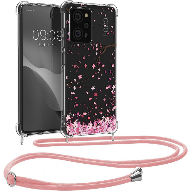 KW Xiaomi Poco X5 Pro 5G Θήκη Σιλικόνης TPU με Λουράκι Design Cherry Petals - Pink / Dark Brown / Διάφανη - 60901.01