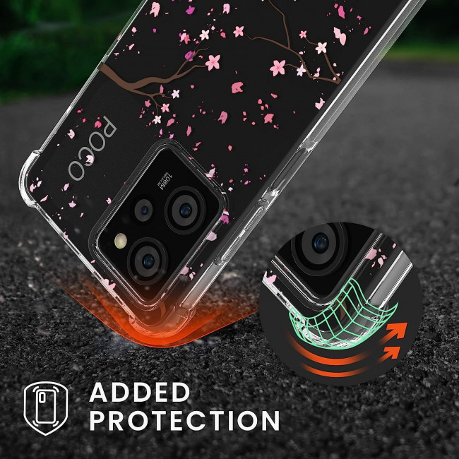 KW Xiaomi Poco X5 Pro 5G Θήκη Σιλικόνης TPU με Λουράκι Design Cherry Petals - Pink / Dark Brown / Διάφανη - 60901.01